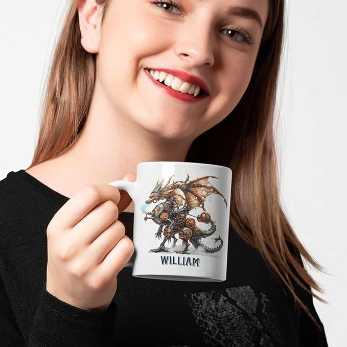 Personalized Name Dragon Lover Ceramic Mug 15oz, Custom Mechanical Dragon Design Coffee Cup, Unique Dragon Mug Gift For Fantasy Enthusiasts, Customized Kid Cup On Birthday, Holiday