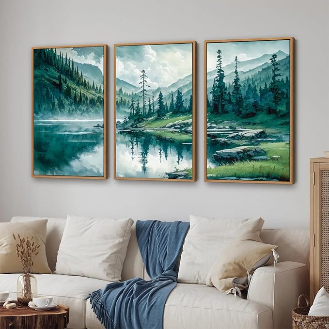 Tinonedraw Large Nature Forest Framed Canvas Wall Art Set, Boho Mountains Calming Lake Wall Decor, Green Pine Trees Artwork, Northern Wilderness Art Painting for Living Room Bedroom Office 16"x24"x3