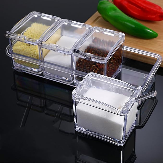 JAPCHET 3 Pack 4 Cell Clear Seasoning Box with Spoons, 10.2 × 3.54 × 3 inch Seasoning Storage Container with Cover, Clear Seasoning Rack Spice Pots for Spice, Salt, Sugar
