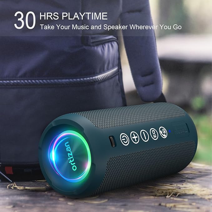 Ortizan Portable Bluetooth Speaker: IPX7 Waterproof, 24W Loud Sound, Deep Bass, Bluetooth 5.3, LED Lights, Wireless Stereo Pairing, 30H Playtime, for Home/Outdoor/Party/Beach, Birthday Gift (Blue)