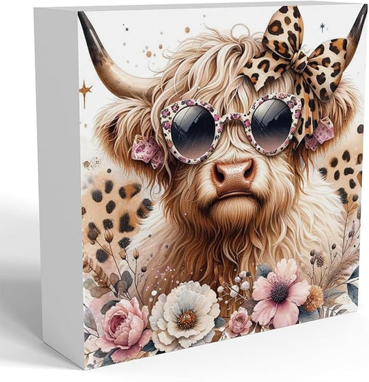 Highland Cow Decor, Highland Cow Gifts for women, Cow With Leopard Bow, Highland Cow Nursery Decor, Wooden Box Decor Sign for Home Farmhouse Office Living Room Table Shelf