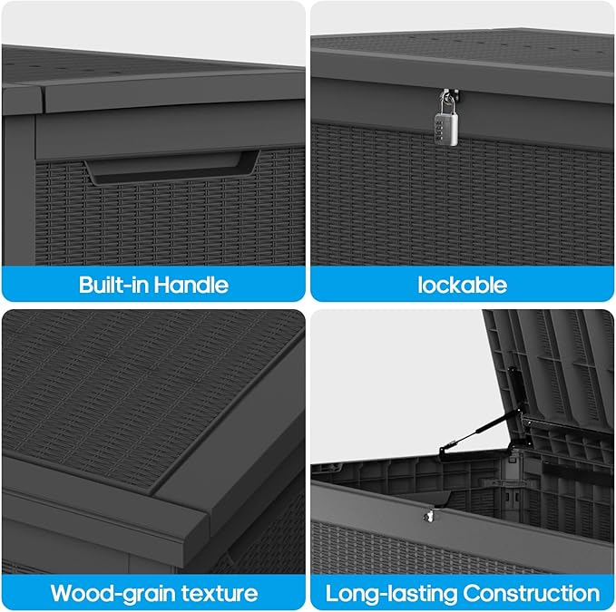 Large Deck Box 260 Gallon, Resin Patio Storage Box with Lockable Lid for Patio Furniture, Garden Tools, Pool Accessories, Weatherproof Outdoor Storage Bin, Black