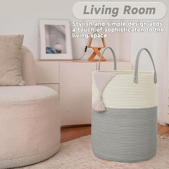 Large Woven Laundry Basket Hamper,100L Cotton Rope Storage Bin for Blankets,Toys and Clothes,Decorative Tall Nursery Hamper for Living Room,Baby Nursery,Bathroom and Bedroom,White and Grey