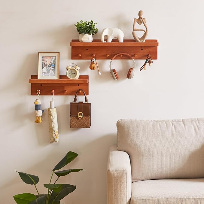 Wall Mounted Hook with Shelf,23.62in Entryway Wall Hanging Shelf,Solid Wood Coat Hooks,for Bathroom, Kitchen,Cherry Wood Color YD-WS0260C