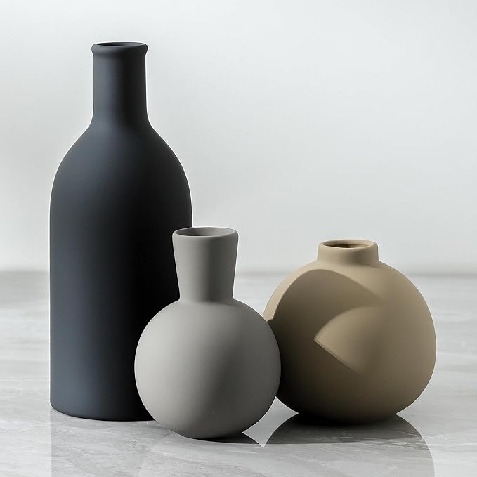Ceramic Vase Set of 3, Flower Decorative Vases Home Decor Boho Neutral Modern Pottery Pampas Vases for Centerpiece Bouquet Table Mantel Entryway Bookshelf Living Room Bedroom Bathroom Kitchen
