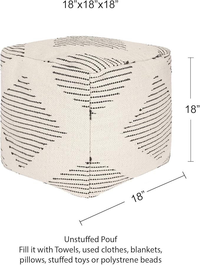 REDEARTH · UNSTUFFED Pouf Ottoman Cover Textured Boho Storage Square Home Decor Poof Pouffe Space Saver Footrest for Living Room, Bedroom, Nursery, Kidsroom; 100% Cotton (18"x18"x18"; Black)