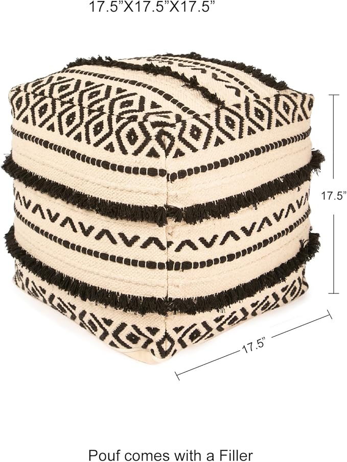 REDEARTH · Tufted Pouf Ottoman with Filler Textured Storage Cube Bean Bag Pouffe Footrest for Living Room, Bedroom, Nursery, Kidsroom; 100% Cotton (17.5"X17.5"X17.5", Geometric Craft Black)