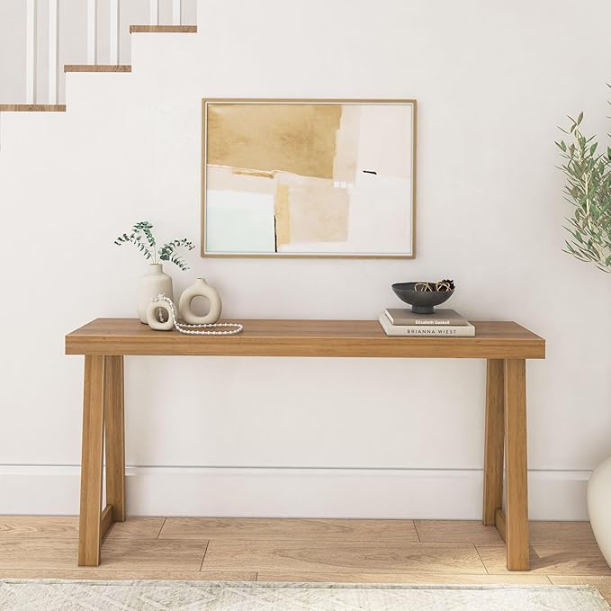 Plank+Beam Solid Wood Console Table, 66 Inch, Sofa Table, Narrow Entryway Table for Hallway, Behind The Couch, Living Room, Foyer, Easy Assembly, Pecan