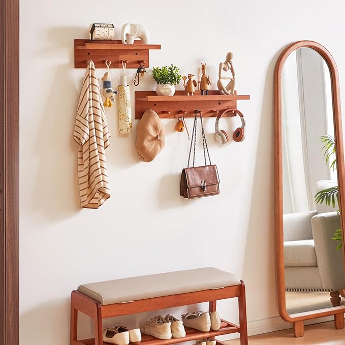Wall Mounted Hook with Shelf,15.75in Entryway Wall Hanging Shelf,Solid Wood Coat Hooks,for Bathroom, Kitchen,Cherry Wood Color YD-WS0240C