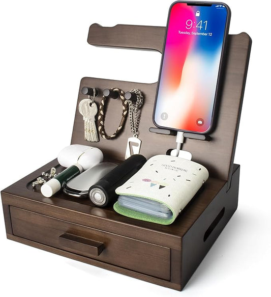 Solid Wood Nightstand Organizer, Docking Station, Gifts for Men, Made of Cedar, Versatile Bedside Table Organizer for Cellphone, Watch, Headphone, Keys, Dark Walnut