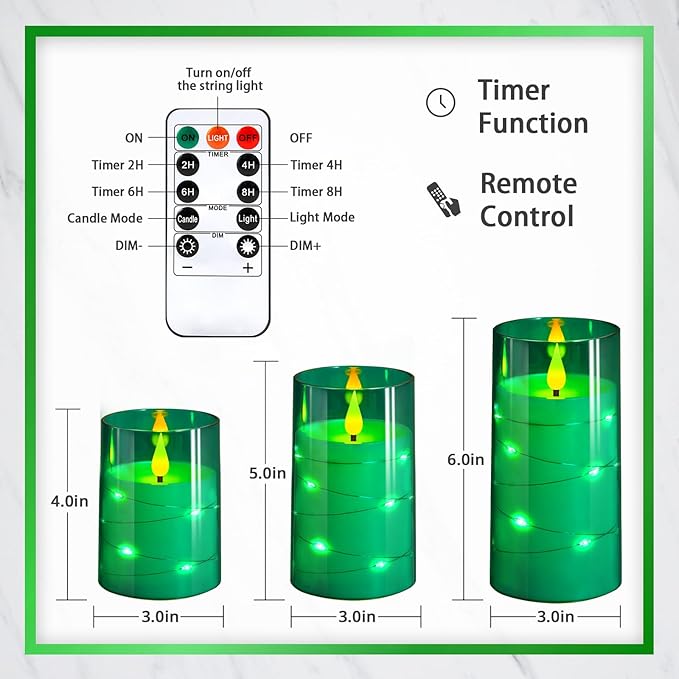NURADA Flickering Flameless Candles: Built-in Star String Acrylic Battery Operated LED Pillar Candles with Remote and Timer for Home Party Weddings Christmas Halloween Decor -Green 3 Pack