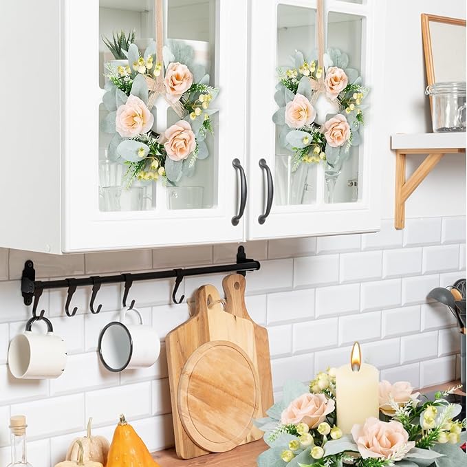 6 Pcs Wedding Rose Candle Rings Swag Wreath Artificial Floral Wreaths with Lamb Leaf Flower Candle Rings Candleholders Garland for Pillar Centerpiece Party Table Wall Window Farmhouse Decor