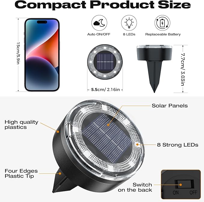 Mini Outdoor Solar Lights，8 Pack Solar Garden Lights for Outside IP65 Waterproof, 8 LED Disc Landscape Lighting for Garden Yard Driveway Walkway Poolside Deck Lawn Patio,Cold White