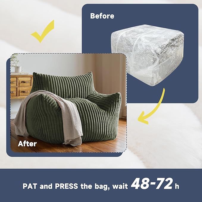 Oversized Bean Bag Chair for Adults, Giant Comfy Plush Boneless Bean Bag Couch with Filler for Kids - Reading Chair for Living Room, Bedroom & Dorm, Single Accent Chair Floor Lounger, Green