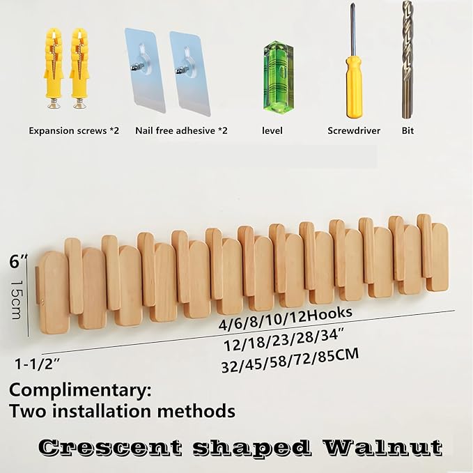 Wall Mounted Piano Key Hanger | Flip Style Hook | Entrance Wall Art Hook, Made of Oak Wood (3 Times Painted, 4 Times Polished) (Arc Beech, 10Hooks)