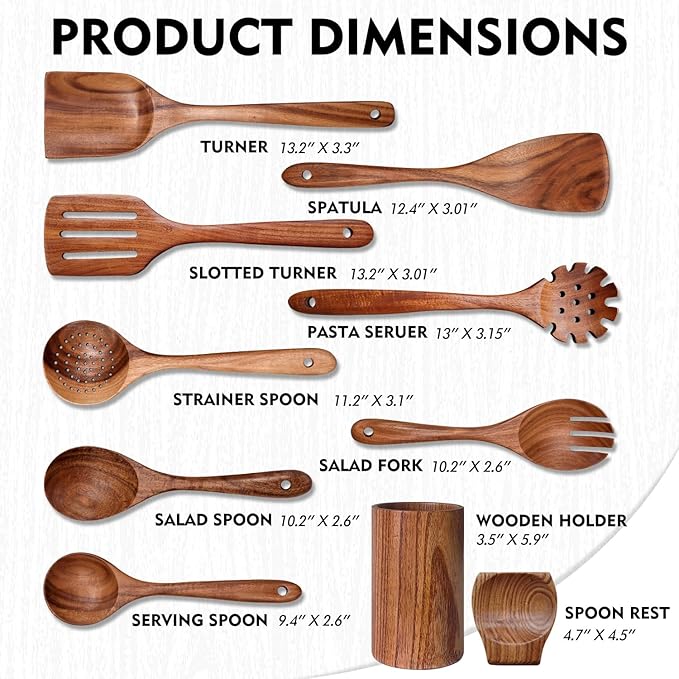 Wooden Spoons for Cooking 10 Pieces Set, Teak Kitchen Utensils Spatula, Wooden Cooking Utensils Spoons, with Spoon Rest, Strainer Spoon, Pasta server, Fried Spatula and Salad Fork, Utensil Holder