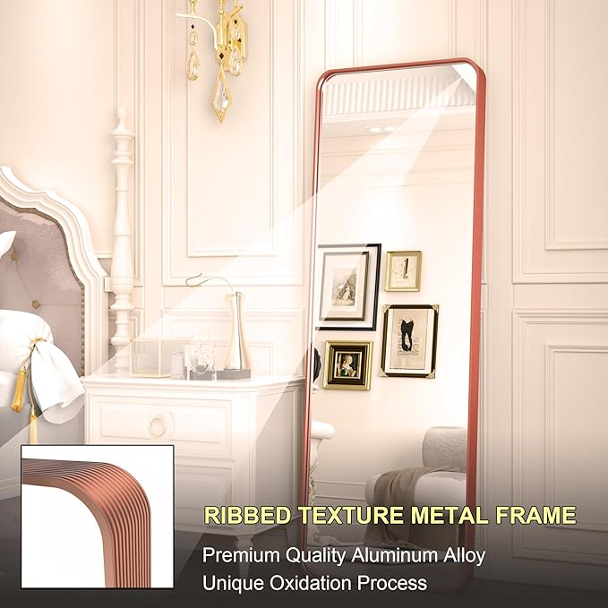 65 x 22 Inch Full Length Floor Mirror, Rose Gold Wall Mounted Full Body Mirror with Aluminum Alloy Brushed Ribbed Texture Frame, Tall Floor Mirror for Living Room/Entryway/Bedroom