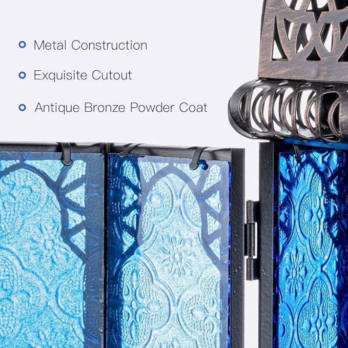 NEEDOMO Hanging Moroccan Lantern, 12.8'' Vintage Candle Holder, Metal Lanterns Decorative Indoor Outdoor, Table, Patio, Porch, Shelf, Gothic Home Decor (Blue, Large Size)