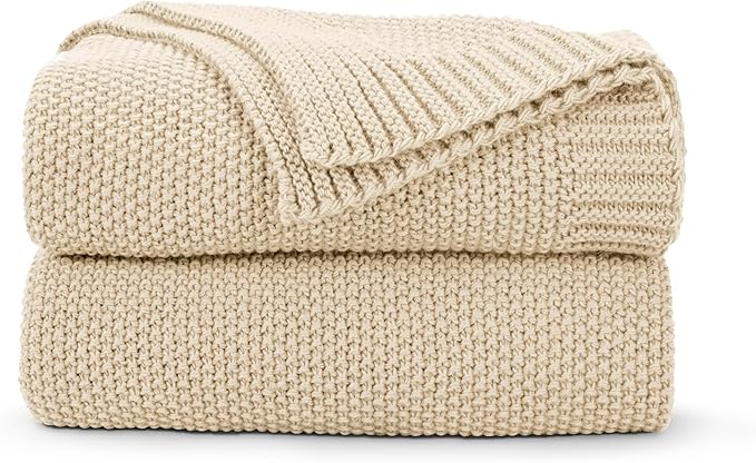 CozeCube Beige Throw Blanket for Couch, Soft Cozy Cable Knit Throw for Bed Sofa Living Room, Lightweight Warm Decorative Farmhouse Christmas Blanket, 50"x60", Light Beige