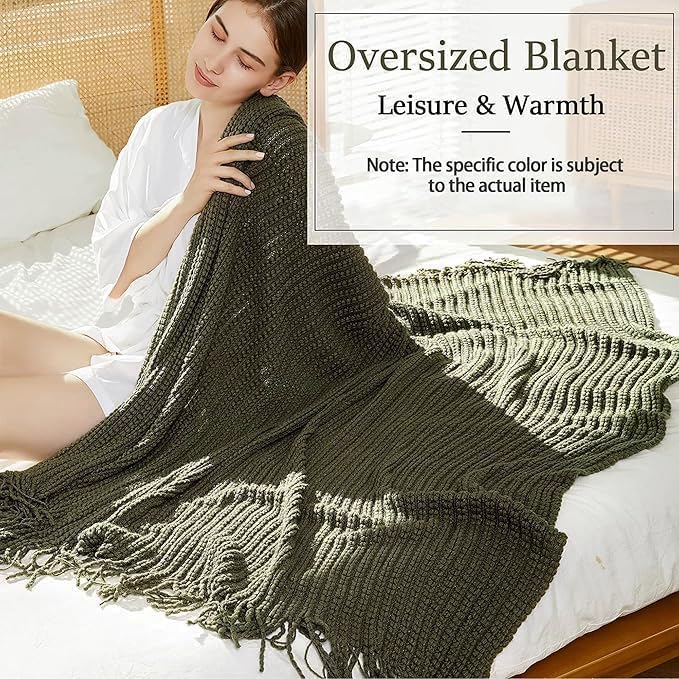 Blagic Knitted Throw Blanket for Couch Soft Farmhouse Boho Throw Blanket with Tassels Home Decorative Lightweight Throw Blankets,Dark Green Throws for Bed/Chair/Sofa, Wheat Textured, 50" W x 60" L