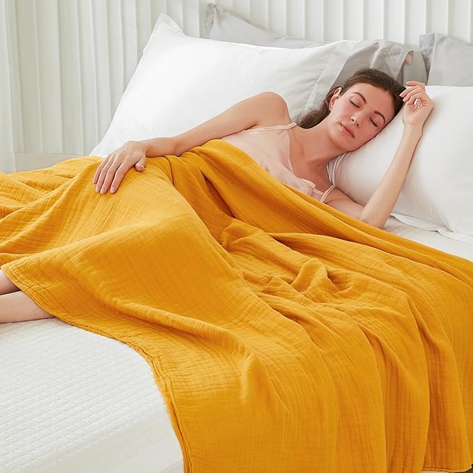 EMME Cotton Twin Blanket 100% Muslin Blanket for Couch Breathable Gauze Blanket All Season Soft and Lightweight Pre-Washed (Mustard Yellow, 60"x80")