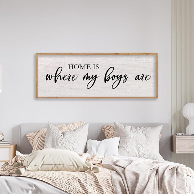 Home Is Where My Boys Are Wall Decor 40"×15" mom and her boys Sign for boys room Playroom Large Wood Framed Wall Hanging Art (Wood)