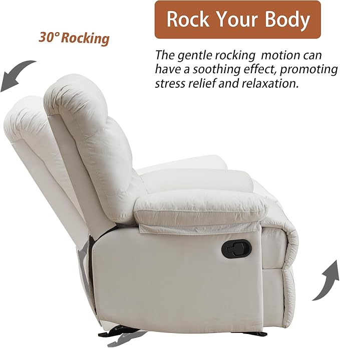 Rocker Recliner Chair, Overstuffed Manual Rocking Recliner for Adults, Upholstered Comfy Soft Fabric Living Room Reclining Sofa Chair (Beige Fabric)