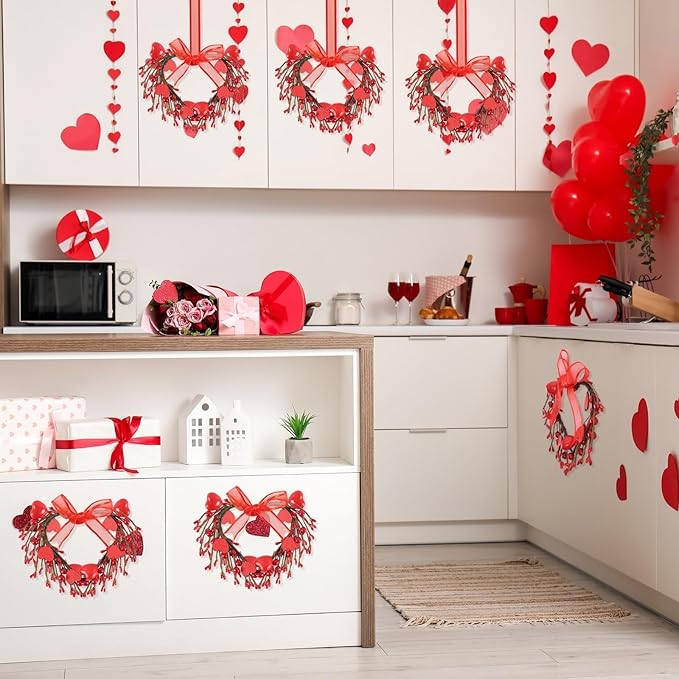 6 Pcs Valentine's Day Heart Wreath Artificial Red Berries Heart Wreath Kitchen Cabinet Wreaths Hanging Valentines Day Wreaths for Front Door Window Wedding Birthday Home Decoration