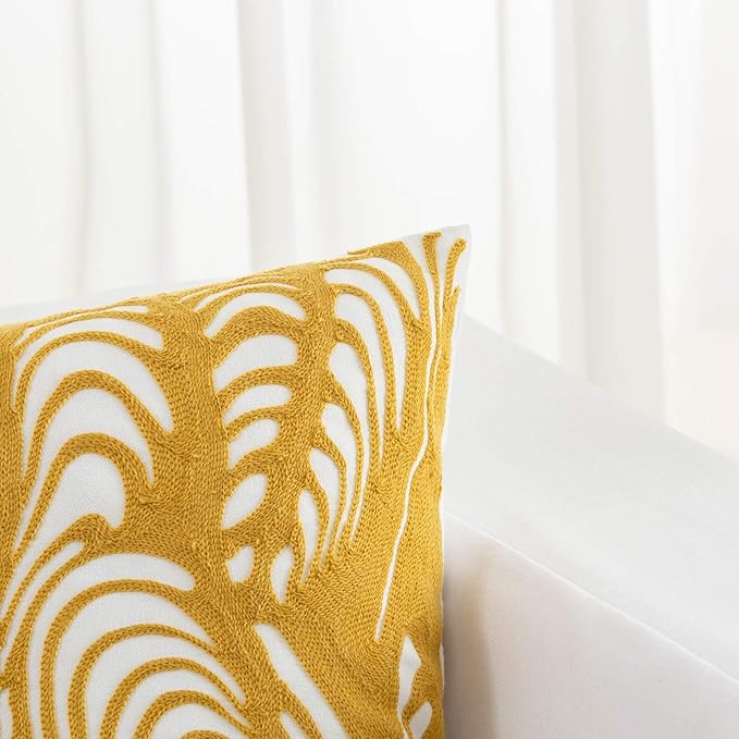 HWY 50 Yellow Decorative Throw Pillow Covers 18x18 Inch (1 Piece), Embroidered Cotton Farmhouse Cushion Cover Pillow Case for Sofa Couch Living Room Bed, Texture