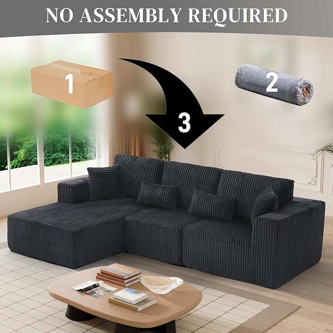 HYJT-H&K Modular Sectional Sofa Cloud Sectional Couch, 107" Comfy Fluffy L Shaped Dark Black Couches for Living Room, Deep Seat Memory Foam Plush Corduroy Boneless Couch Sectionals Left Facing Chaise