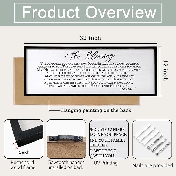 The Blessing Christian Song Lyrics Wall Decor 32"×12" Bible Verse May The Lord Bless You Scripture Wall Art Sign (Black)