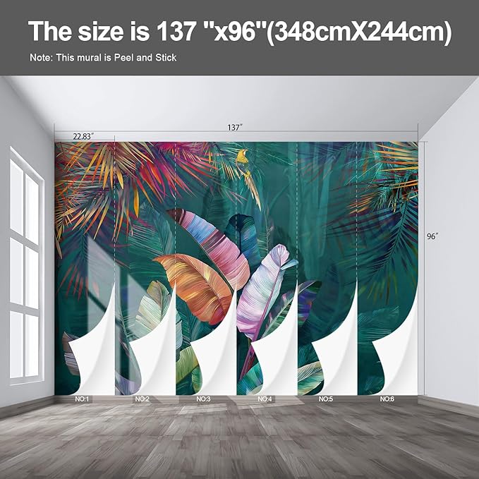 Colorful Banana Leaf Wall murals Peel and Stick Wallpaper for Bedroom Living Room - 96"x137"