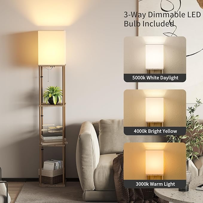 SUNMORY Floor Lamp with Shelves, Modern Square Shelf Lamps, Display Shelf Standing Lamp with 3 Color Temperature Bulb, Corner Bookshelf Lamps for Living Room and Bedroom Office, Home Decor