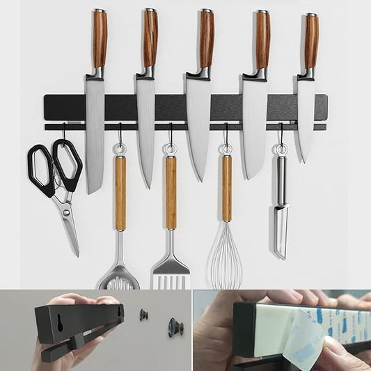YIIYIIN 12 Inch Magnetic Knife Holder for Wall No Drill,Adhesive Knife Magnetic Strip with 6 Hooks,Kitchen Double Rods Stainless Steel Magnetic Utensil Holder(Black)