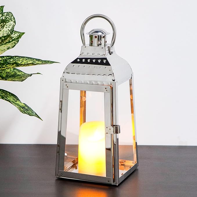 TRIROCKS Stainless Steel Candle Lanterns 12''H Decorative Candle Holders with Tempered Glass for Indoor Outdoor Porch Garden Parities and Wedding(Silver)