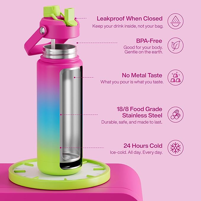 Insulated Water Bottle with Straw Stainless Steel Water Bottle, Leak-Proof, BPA-Free, Double Wall Vacuum Keeps Cold for 24 Hours for Sports, Travel, School (32 oz, Lime Sorbet)