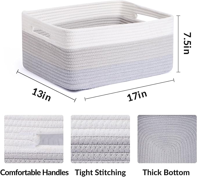 Large Storage Baskets for Shelves, Closet Organizers Bins for Clothes Blanket Towels, Baby Nursery, Toy Baskets Box, Woven Rope Baskets, 17 x 13 x 7.5”, 2 Packs Gradient Grey