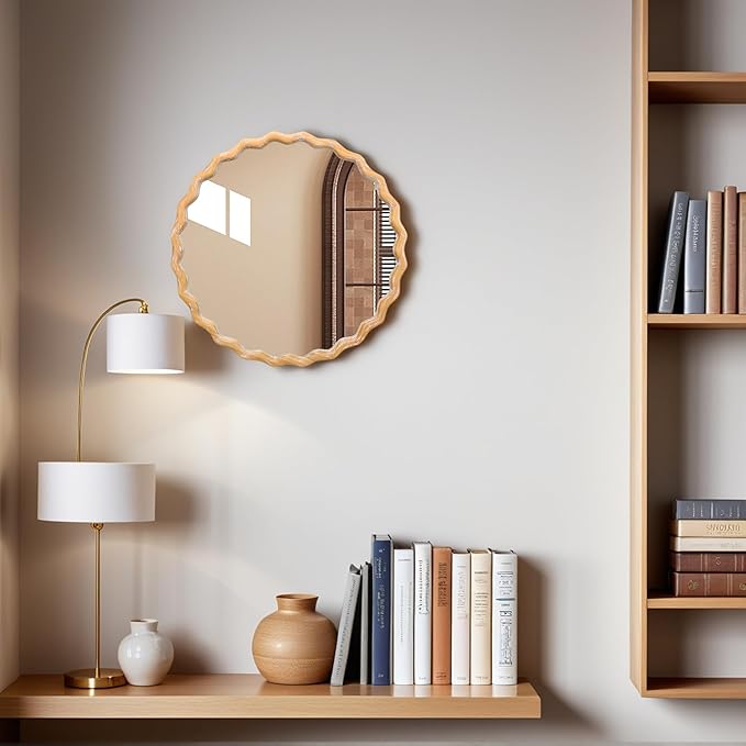 Wavy Mirror 27.5x27.5 Inch, Decorative Bathroom Mirror with Natural Wood Frame, Entry Way Mirrors for Wall, Shatterproof Glass, Mirrors for Wall Decor