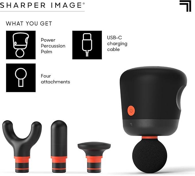 Sharper Image® Powerboost® Palm Portable Percussion Massager - 4 Attachments, 4 Speeds| Compact Full Body Back & Shoulder Mini Massage Gun| Deep Tissue Muscle Soreness Recovery| Wellness Gift