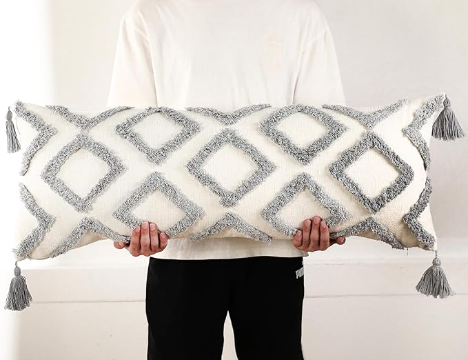PANOD Decorative Long Lumbar Pillow Cover 14x36 Boho,Super Soft Chenille Extra Long Lumbar Pillow Case Cover with Tassel for Bed Sofa Couch Farmhouse Livingroom,Grey,Modern Skinny