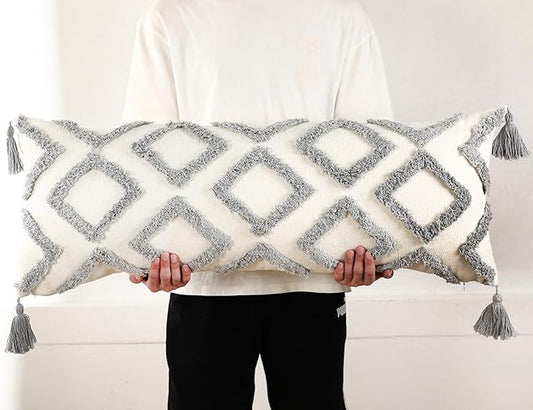 PANOD Decorative Long Lumbar Pillow Cover 12x40 Boho,Super Soft Chenille Extra Long Lumbar Pillow Case Cover with Tassel for Bed Sofa Couch Farmhouse Livingroom,Grey,Modern Skinny