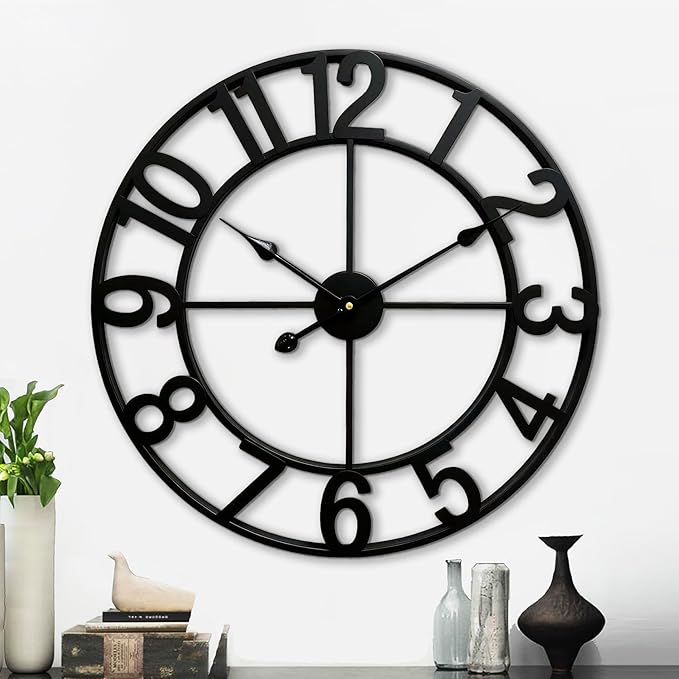 CLXEAST 24 Inch Wall Clocks for Living Room Decor, Black Metal Wall Clock, Arabic Numeral