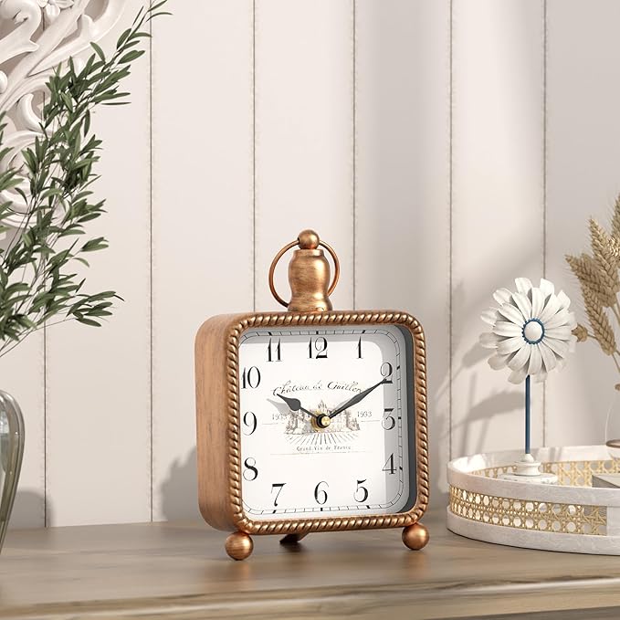 Vintage Gold Table Clock on Stand, Desk and Shelf Decor Clock, French Rustic Style Non-Ticking Mantel Clocks for Farmhouse, Living Room, Bedroom, Bedside, Gift (8.5" H x 5.5" W)