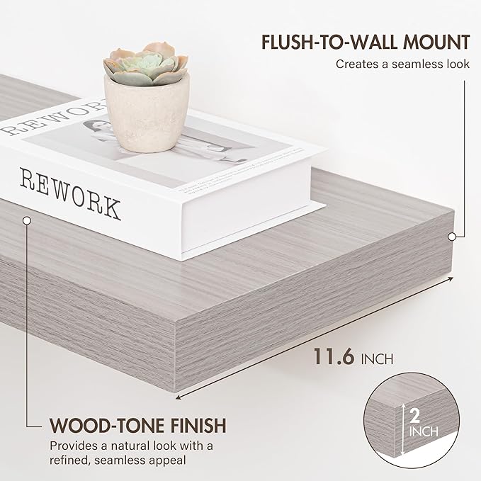 55 Inch Floating Shelves, 12" Deep Floating Shelf Wall Mounted, 55" Wall Shelves, Rustic Deep Bookshelf, Extra Deeper & Thicker Display Shelves for Bedroom, Living Room, Gray, Set of 2