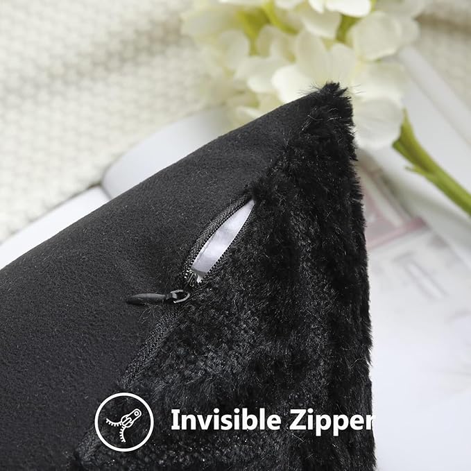 decorUhome Fall Throw Pillow Covers 20x20 Inch Set of 2, Soft Plush Decorative Faux Fur Black Solid Couch Pillow Covers, Accent Farmhouse Neutral Square Euro Pillow Cases for Sofa Bed Living Room