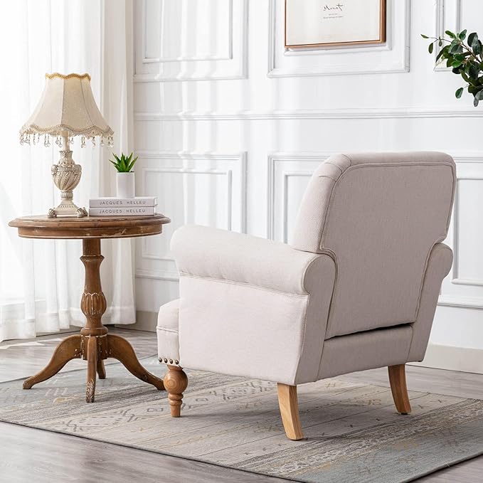 chairus Linen Accent Chair for Living Room Set of 2 Upholstered Mid Century Modern Single Sofa Chair with Solid Wood Legs Comfy Reading Chair Armchair for Bedroom/Office Room/Recption/Lounge, Cream
