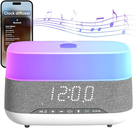 Versatile Essential Oil Diffuser, 300ml Aroma Diffuser with Bluetooth Speaker and Alarm Clock, 7 Colors LED Light Aromatherapy Diffusers & Cool Mist Humidifier 3-Level Brightness, Auto-Off Protection