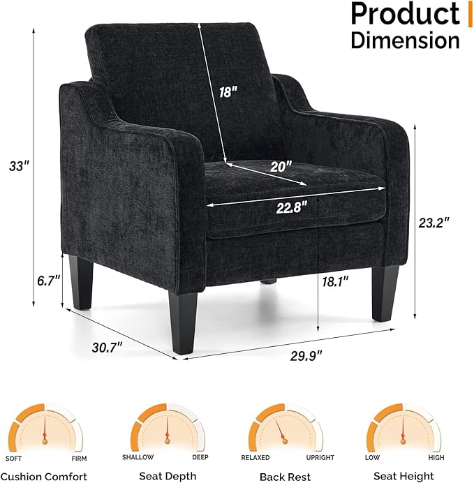 VINGLI Mid Century Modern Accent Chairs, Black Soft Chenille Reading Chair Upholstered Armchair Side Chairs Sofa Couches for Living Room, Bedroom, Apartment