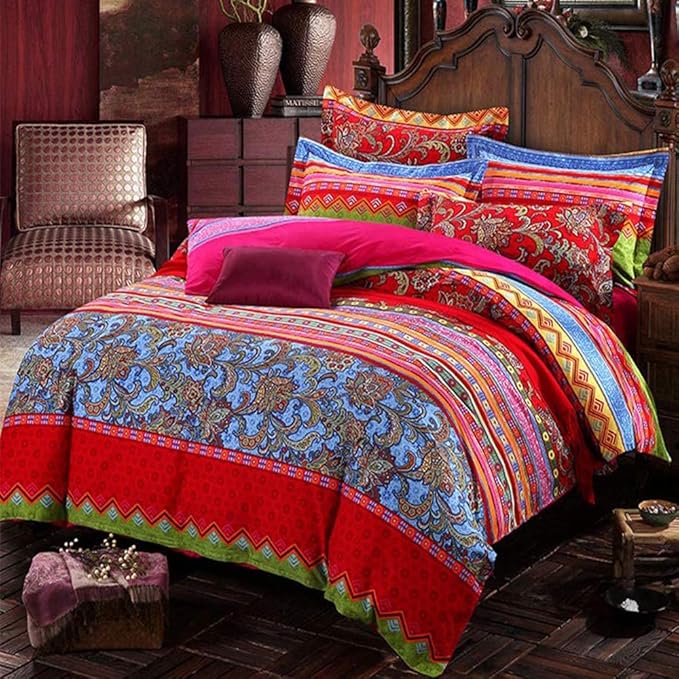 ABREEZE Bohemian Duvet Cover Set Colorful Red Boho Retro Bedding Set Damask Paisley Cotton Duvet Cover Tribal Reversible Bedding Exotic Style Comforter Cover 3-Piece King