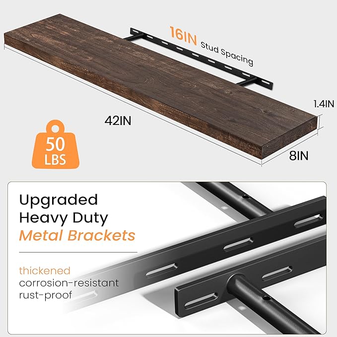 Fun Memories Solid Elm Wood Floating Shelves, 42 Inch Floating Shelves for Wall, Rustic Wooden Shelf Wall Mounted with Invisible Heavy-Duty Bracket for Books, Bathroom, Kitchen, Walnut Finish